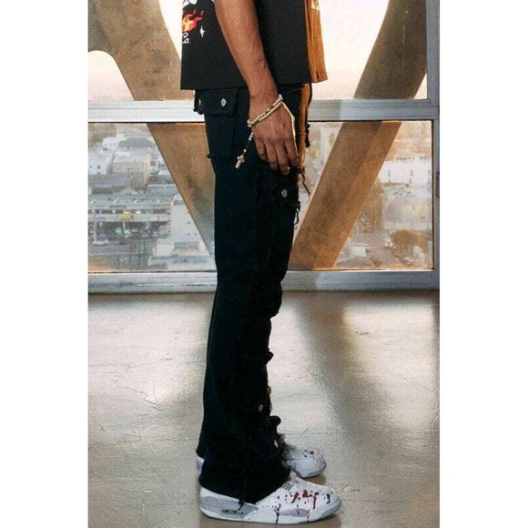 First Row Premium Men's Long Denim Cargo Flare Fringe Stack Jeans with Stylish - Picture 6 of 9